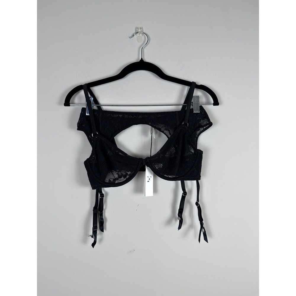 Fleur du Mal Essentials Black Lace Bra 36B and Garter Belt Set GR0076, M/L NWT